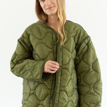 Vintage Green Liner Jacket | Unisex Wavy Quilted Nylon Coat | XL XXL | LI337 