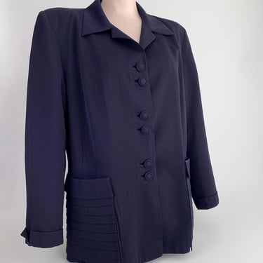 1940's Navy Gabardine Jacket - Beautiful Cloth Covered Buttons - Shoulder Pads - Large Low Pleated Pockets - Size Large 