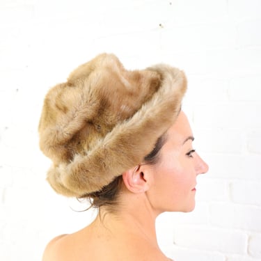 1960s Faux Fur Mink Hat  | 60s Beige Faux Fur Hat 