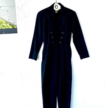 Vintage 90s Wide Leg Jumpsuit 1990s Minimalist Black Dress One Piece 