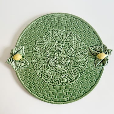 Bordallo Pinhiero Strawberry Service Cake Plate or Cheese Platter with Lemon Handles Majolica Fruit Platter Portugal Vintage 