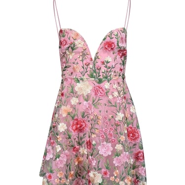 For Love & Lemons - Pink Tulle Mini Dress w/ Floral Embroidery Sz XS