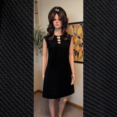 Vintage 1960s Black Mini Dress with Rhinestone Ring Cut Out Detail / Medium / A-line Shift 60s Elegant Sleeveless Go-Go Cocktail Party LBD 