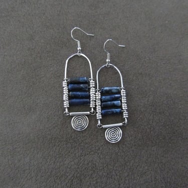 Imperial jasper earrings, blue tribal chandelier earrings, silver 