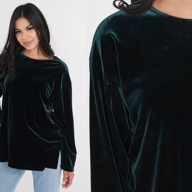 Dark Green Velvet Top 80s Long Sleeve Shirt Retro Basic Blouse Simple Minimal Festival Vampy Party Stretchy Vintage 1980s Extra Large L XL 