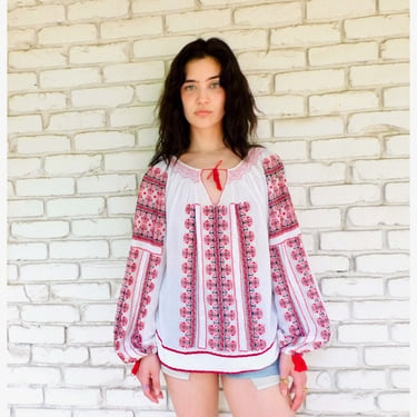 Romanian Gauze Blouse // vintage 70s boho hippie white top shirt dress hippy hand embroidered red 1970s 70's 1970's // O/S 