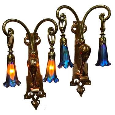 Restored Antique Arts and Crafts Hammered Copper and Brass Art Nouveau Wall Sconces in Style of WAS Benson #2059 Free Shipping 