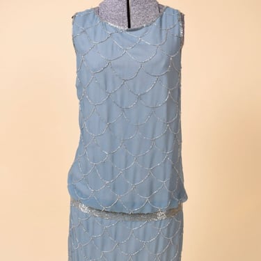 Foggy Blue 20s Inspired Beaded Dress By Adrianna Papell, M