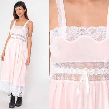 Victoria's Secret Nightgown Y2K Baby Pink White Lace Slip Dress Maxi Lingerie Vintage 00s Pastel Semi-Sheer Spaghetti Strap High Waist Small 