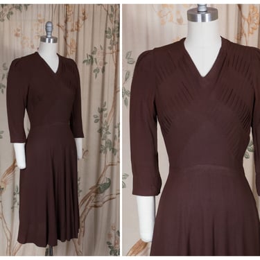 1940s Dress - Classic Deep Brown Rayon Crepe Early 40s Day Dress with Fantastic Dart and Pleat Detailing 