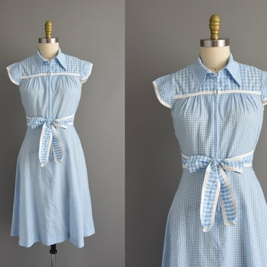 vintage 1970s dress | Oops California Blue Gingham Print Cotton Dress | Small Medium | 70s dress 