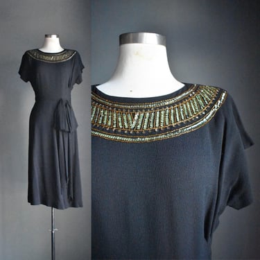 1940s Black Rayon Dress with Sequins / 40s Black Cocktail Dress / Black 1940s Cocktail Dress XS / True Vintage Formal Dress 