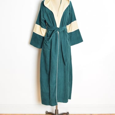 vintage 70s robe green cream fleece striped hooded wrap bed jacket bathrobe clothing 
