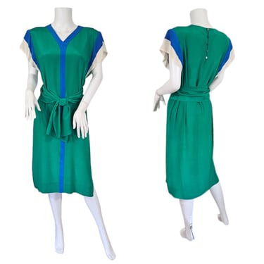 1980's Kelly Green Blue Color Blocked Silk Belted Shift Dress I Sz Med I Silk Studio 