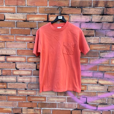 vintage 90s orange single stitch blank pocket tee  / l large 