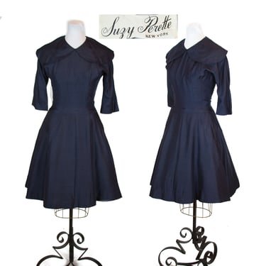1950s Dress ~ Suzy Perette Designer Navy Silk Full Skirt Large Collar Dress 