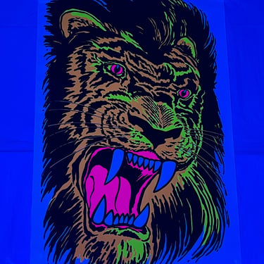 1970s Black Light Poster of Roaring Lion - Original 1976 Funky Enterprises Posters -  Vintage Reggae Wall Art - Head Shop - Rare Silkscreen 