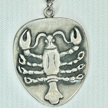 Vintage Pewter Zodiac Pendant Necklace Cancer Crab 70s Fashion Jewelry Retro 