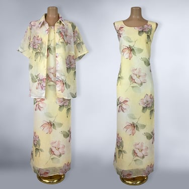 VINTAGE 90s Magnolia Print Sheer  Maxi Dress and Blouse Set by Helene Blake Sz 14 | 1990s Yellow Floral 2 Pc Dress Set Plus Size Volup | VFG 