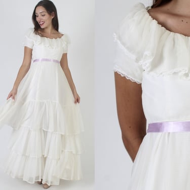 Romantic Tiered Sheer Wedding Dress / Vintage 70s Layered Ruffle Avant Garde / Unique Layered Bridal Gown With Belt 