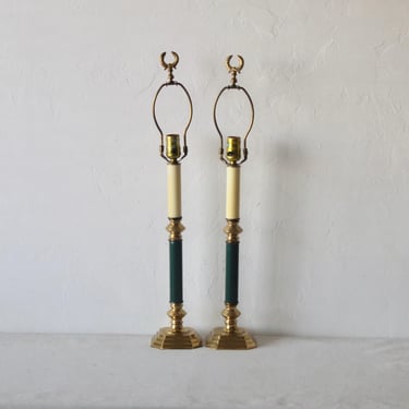 Vintage Tall Stiffel Style Brass Teal Candlestick Column Table Lamps Hollywood Regency- a pair 