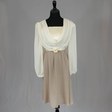 70s Party Dress - Deadstock Taupe Brown Cream Semi-Sheer - Satin Rose - Romantic Bodice Drape - Vintage 1970s - S 