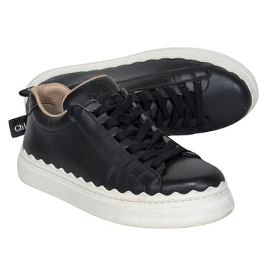 Chloe - Black Leather Sneakers w/ Scallop Trim Sz 7