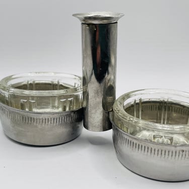 Vintage Large Double Stainless Steel Salt Cellar Toothpick Holder, Glass Insert Bowls 