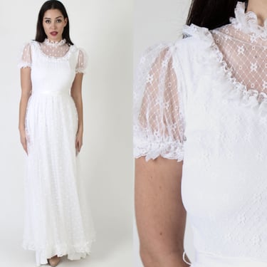 70s All White Lace Bridal Dress / Plain Sheer Wedding Gown / Classic Floral Bridesmaids Outfit / High Collar Lace Victorian Maxi 
