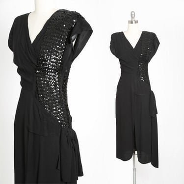 40s sequin dress | Vintage 1940s black crepe sequin bow dress 