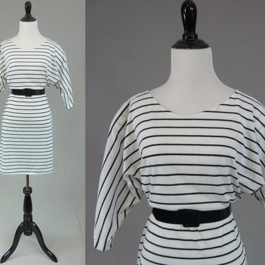 80s Black and White Dress - Horizontal Stripes - Dolman Sleeves - L.A. Gal California - Vintage 1980s - S M 