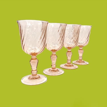 Vintage Glasses Set Retro 1980s Cristal D'Arques-Durand + Rosaline Pink + Swirl Optic + Set of 4 Matching + Stemmed + Barware + Bar Decor 