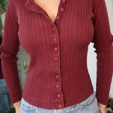 Vintage 2000s Aeropostale Burgundy Button Up Knit Long Sleeve