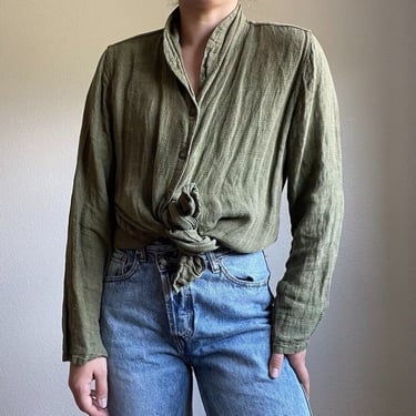 Flax Green Blouse Tunic Womens Size M Lagenlook Linen Boho Long Sleeve Blouse 