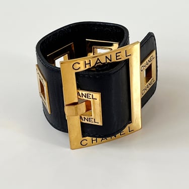 Vintage 80's CHANEL Letters CC Logo Monogram Iconic Large Black Leather Gold Buckle Belt Bracelet Bangle Cuff - Super RARE !! 
