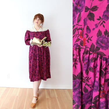 SIZE S/M Vintage 80s Floral Regency Dress - Rayon Magenta Floral Midi Dress - Summer Historical Sun Dress Bright Floral Cute 
