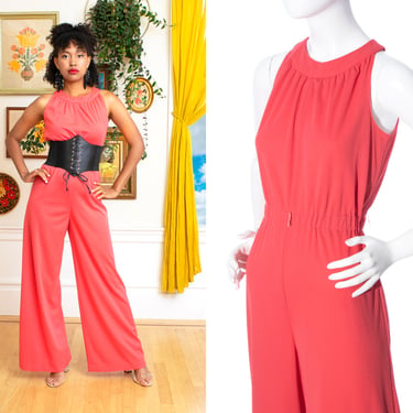 Vintage 1970s Jumpsuit | 70s Salmon Pink Polyester Jersey Elastic Waist Wide Leg Sleeveless Disco Jumpsuit (x-small/small) 