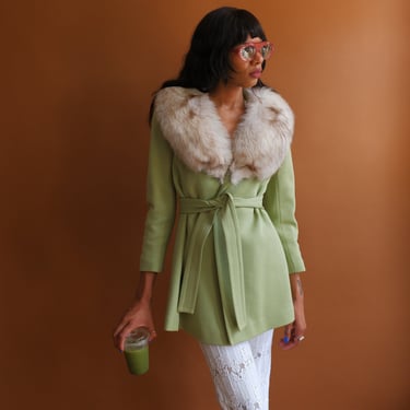 Vintage 70s Mint Green Fur Trim Jacket/ 1970s Pastel Fox Fur Coat/ Size Small 