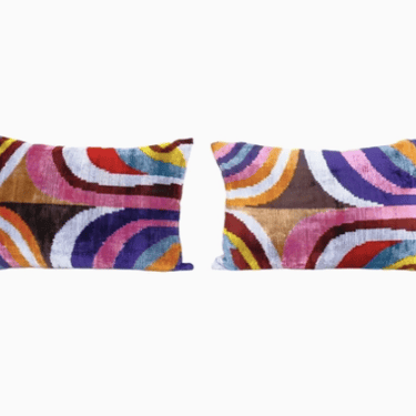 Colorful Ikat Velvet Pillow - Lumbar Silk Cushion | 16&quot; X 24&quot;