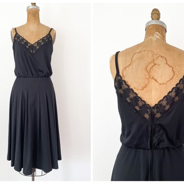 Vintage ‘70s black polyester disco dress, flattering silhouette | 1970s spaghetti strap party dress, XS 