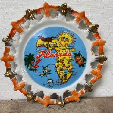 Vintage Florida Decorative Plate, Anthropomorphic Sun Face, Retro, Souvenir, Florida Map, GF, Made In Japan 