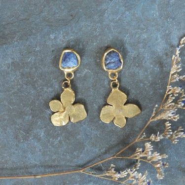 Hydrangea Bloom Earrings - Brass, Tanzanite + Silver