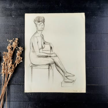 Large Original Nude Woman on a Chair Charcoal Drawing on Ingres Paper Nude Drawing 1965, Signed 