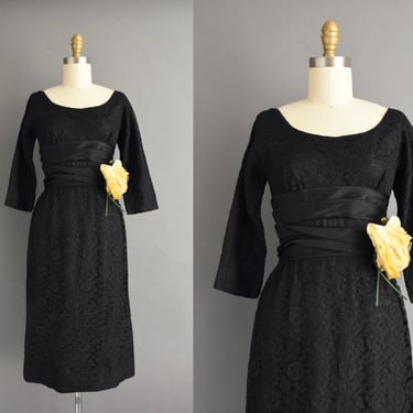 vintage 1950s | Jonathan Logan Jet Black Cotton lace Cocktail Party Bridesmaid Pencil Skirt Dress | XS 