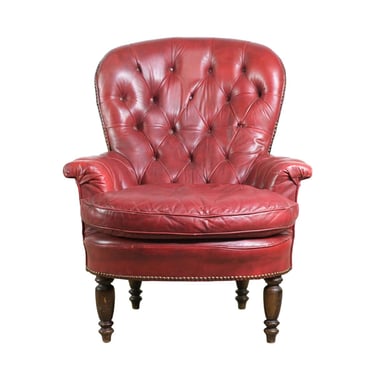 European Red Tufted Leather Chair with Turned Wooden Legs