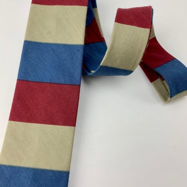 1960'S Horizontal Striped Tie - 100% Cotton - Made in Italy - Narrow Mod Square End Tie - Blue, Beige & Red  Stripes 
