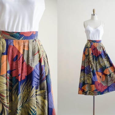 navy floral midi skirt | 80s tropical monstera palm leaf flowy vintage skirt 
