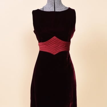 60s Red Velvet Dress with Satin Detail By Pat Richards, XS/S