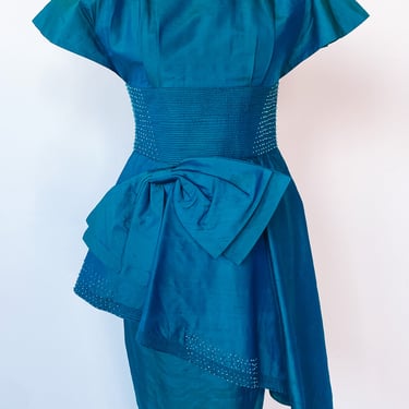 1950s Oversized Peplum Teal Dress, sz. XXS