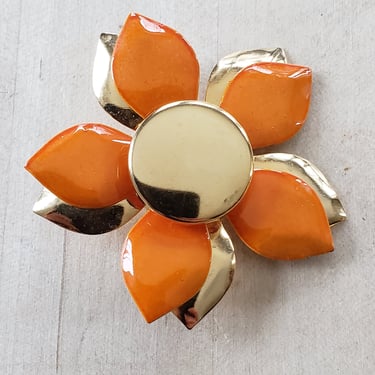 1960s Large Enamel Flower Pin Orange & Gold / 60s Mod Jewelry Chunky Floral Brooch Garden Party Spring Summer 